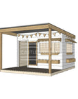 A commercial grade painted wooden large rectangle cubby house with front verandah and accessories