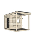 A commercial grade wooden little rectangle cubby house with front verandah and accessories