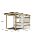 A commercial grade painted pine little rectangle cubby house with front verandah, accessories and dimensions
