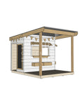 A commercial grade painted wooden little rectangle cubby house with front verandah and accessories