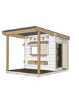 A commercial grade painted pine little rectangle cubby house with front verandah and accessories package