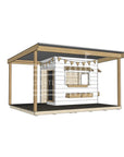 Commercial grade painted little rectangle wooden cubby house with wraparound verandah and accessories