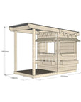 A commercial grade pine little square cubby house with front verandah, accessories and dimensions