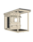 A commercial grade wooden little square cubby house with front verandah and accessories