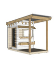 A commercial grade painted wooden little square cubby house with front verandah and accessories