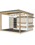 A commercial grade painted wooden midi rectangle cubby house with front verandah and accessories