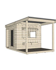 A commercial grade wooden midi square cubby house with front verandah and accessories