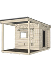 A commercial grade pine midi square cubby house with front verandah and accessories package