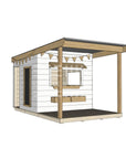 A commercial grade painted wooden midi square cubby house with front verandah and accessories