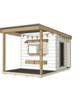A commercial grade painted pine midi square cubby house with front verandah and accessories package