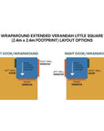 Layout options for painted little square cubby with wraparound verandah