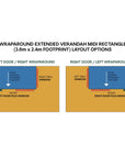 Layout options for extended height midi rectangle cubby with two side verandah and decking