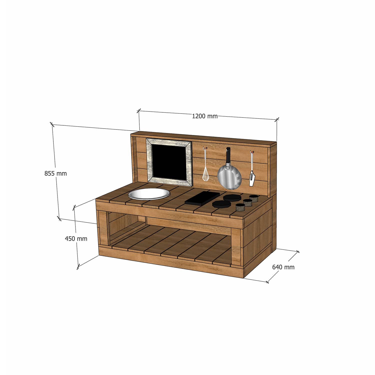Thermory mud kitchen 1200mm wide with full back and 450mm bench height dimensions