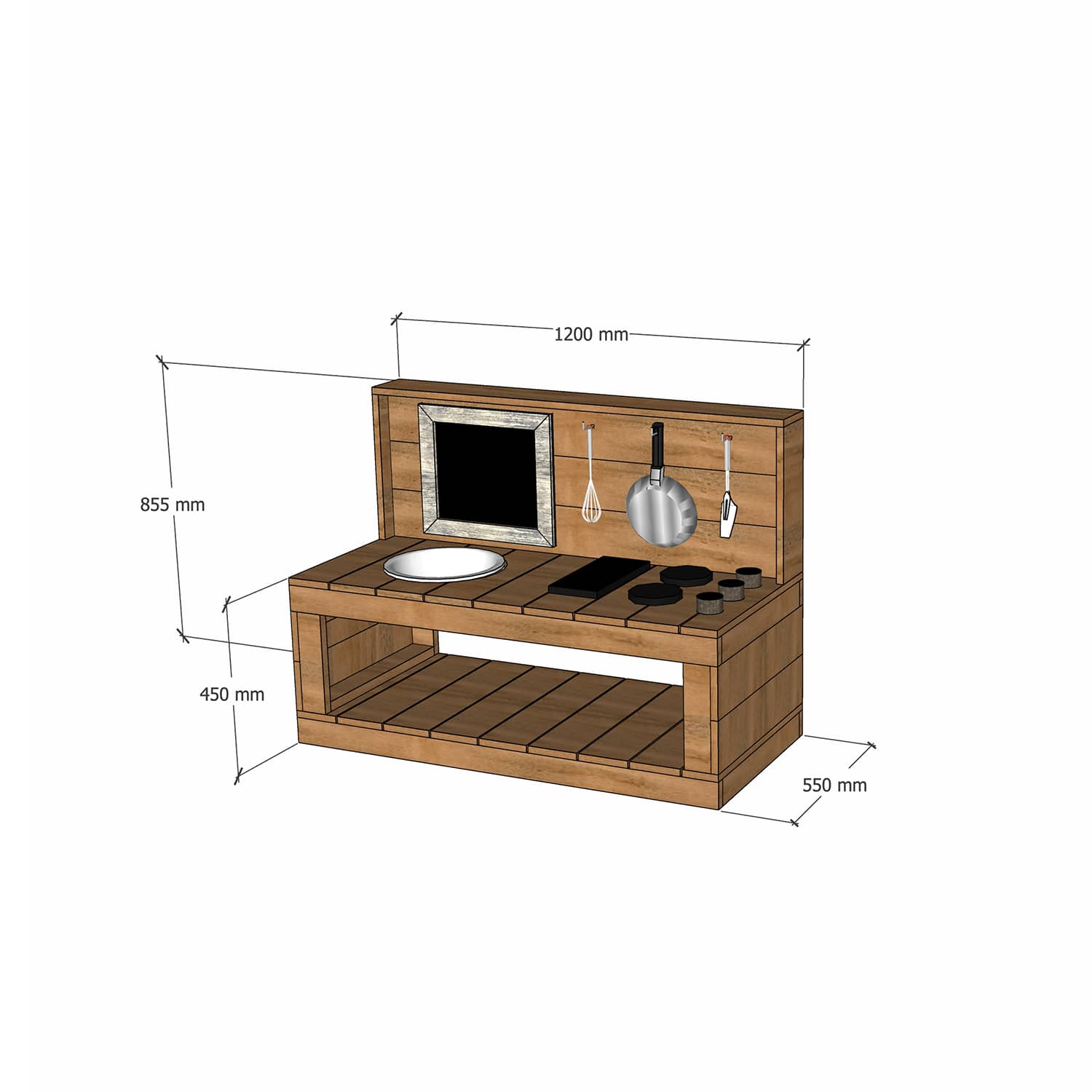 Thermory mud kitchen 1200mm wide with half back and 450mm bench height dimensions