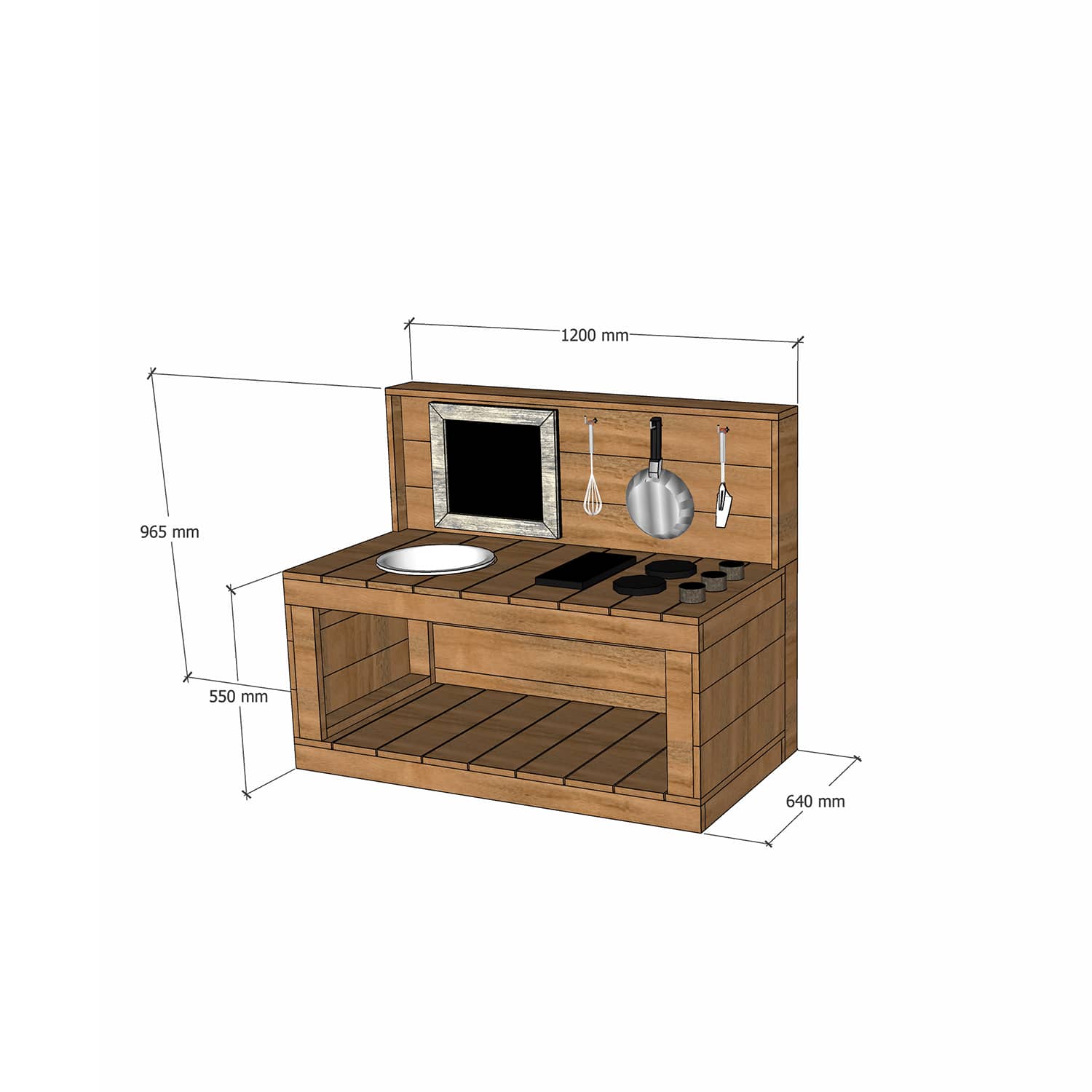 Thermory mud kitchen 1200mm wide with full back and 550mm bench height