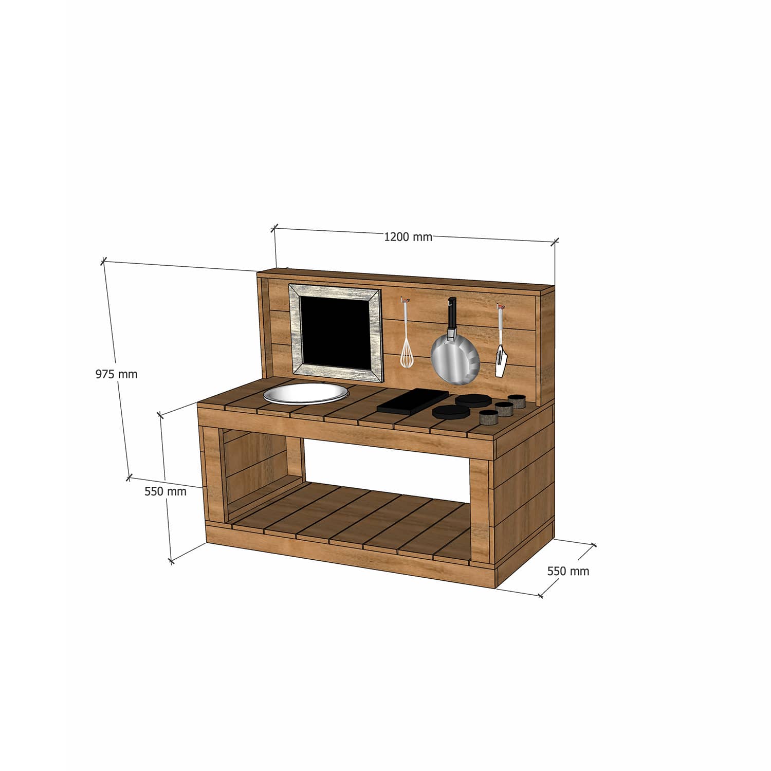 Thermory mud kitchen 1200mm wide with half back and 550mm bench height