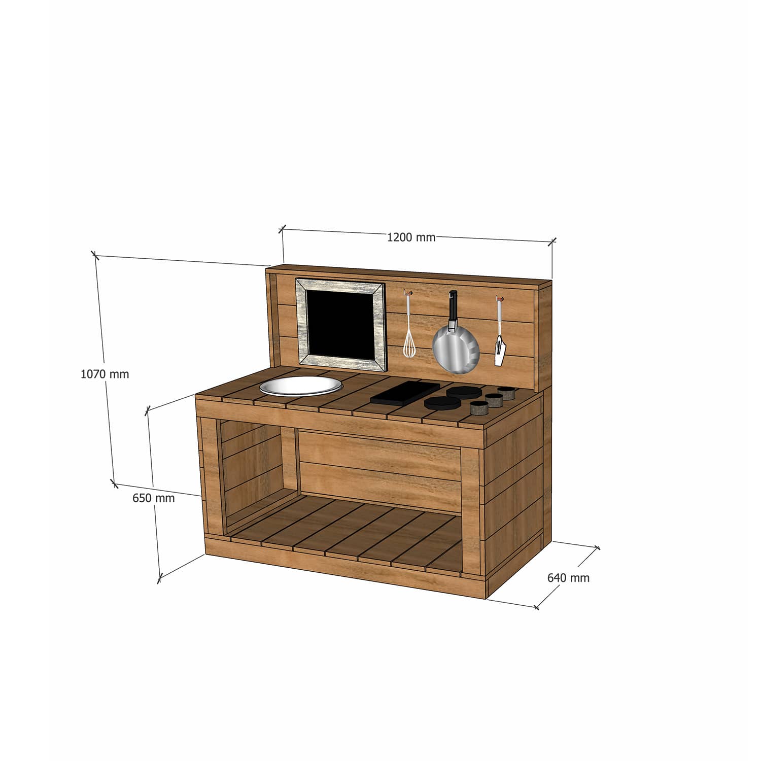 Thermory mud kitchen 1200mm wide with full back and 650mm bench height