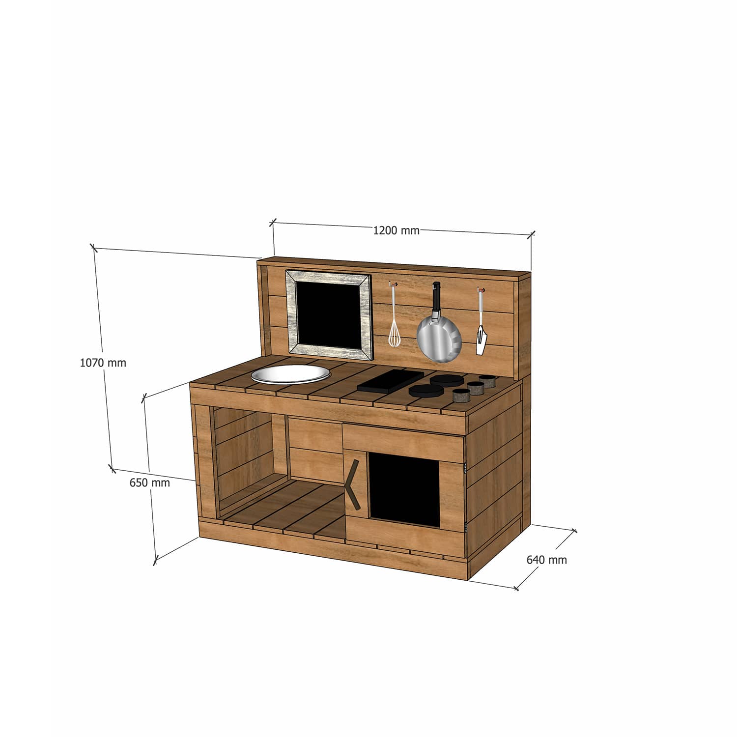 Thermory mud kitchen with oven 1200mm wide with full back and 650mm bench height
