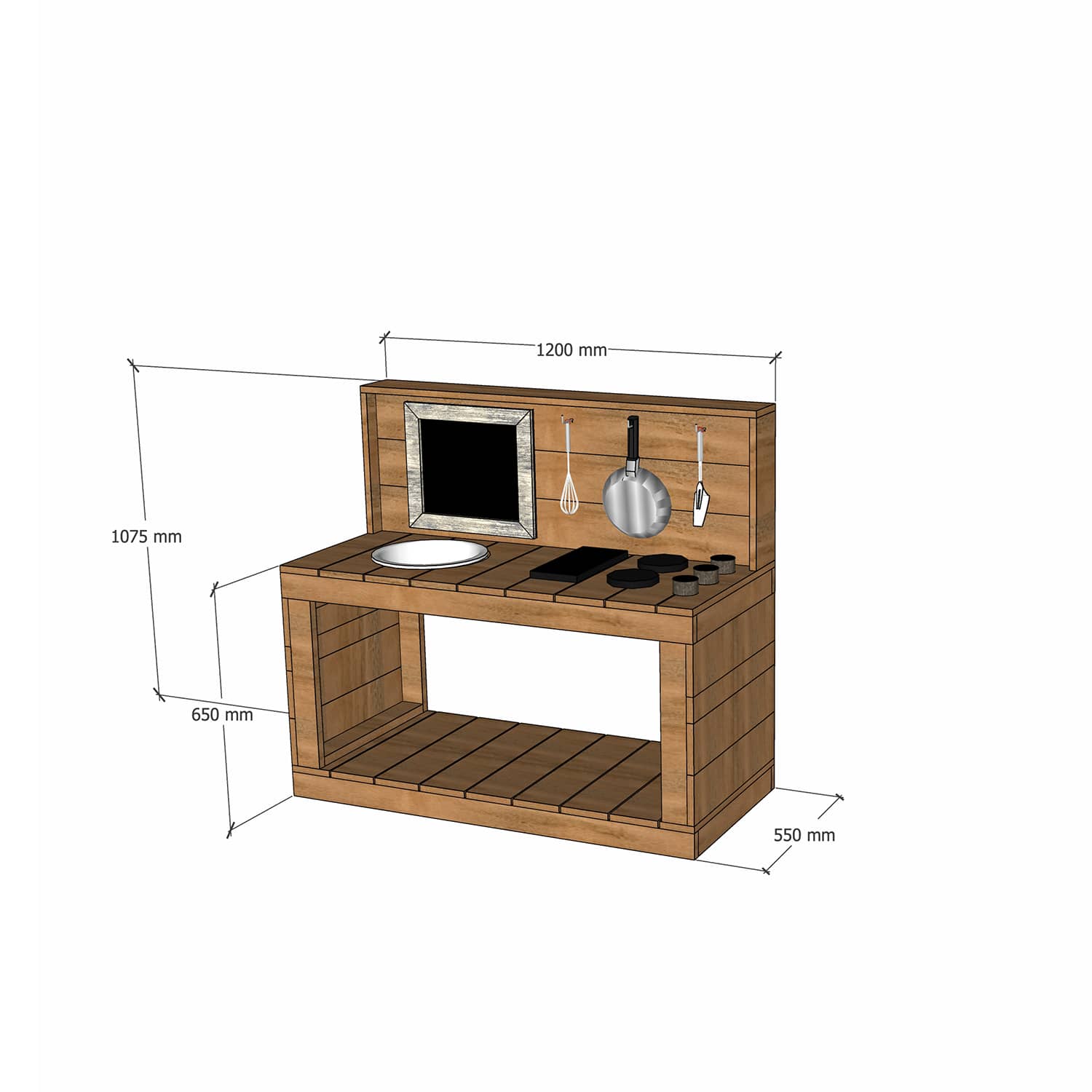 Thermory mud kitchen 1200mm wide with half back and 650mm bench height