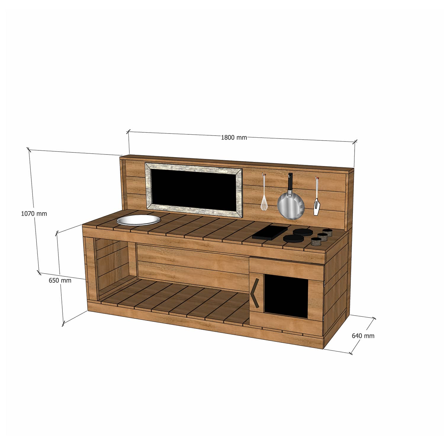Thermory mud kitchen with oven 1800mm wide with full back and 650mm bench height