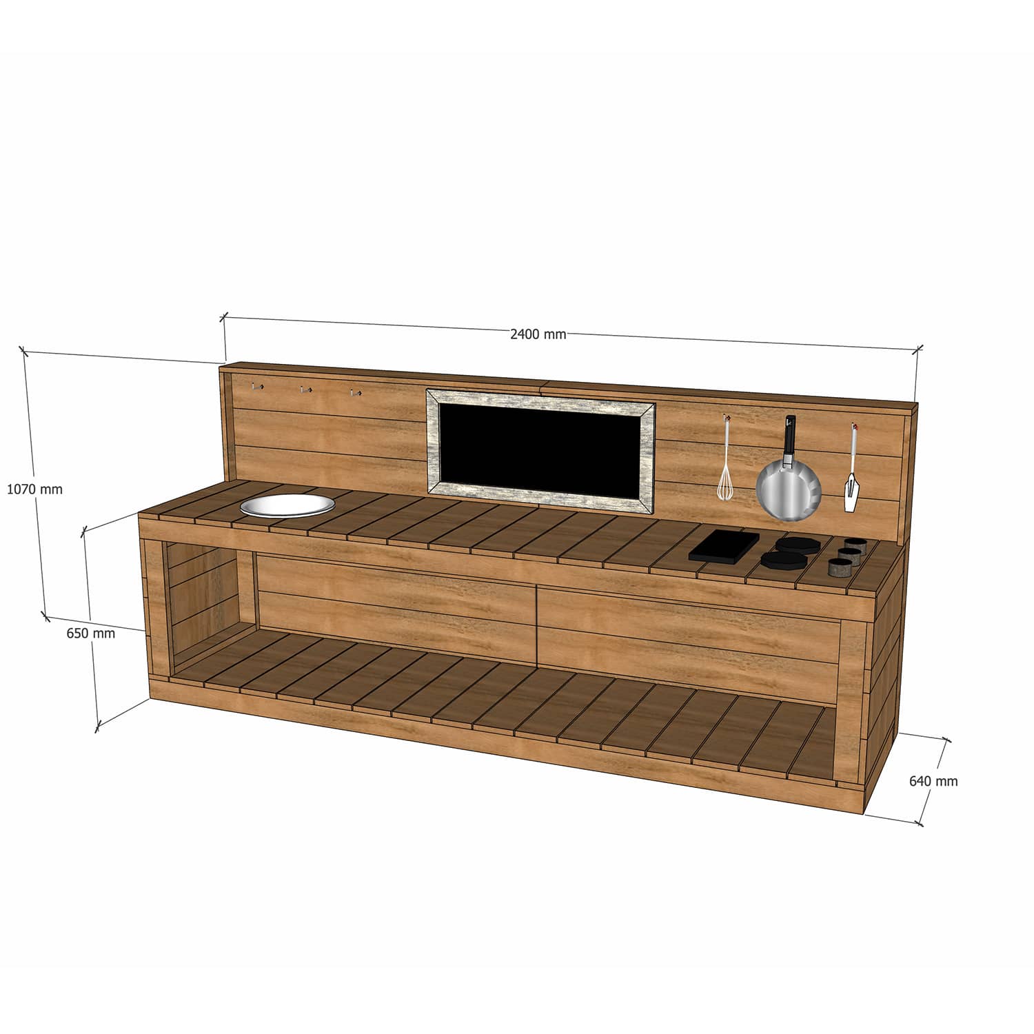 Thermory mud kitchen 2400mm wide with full back and 650mm bench height