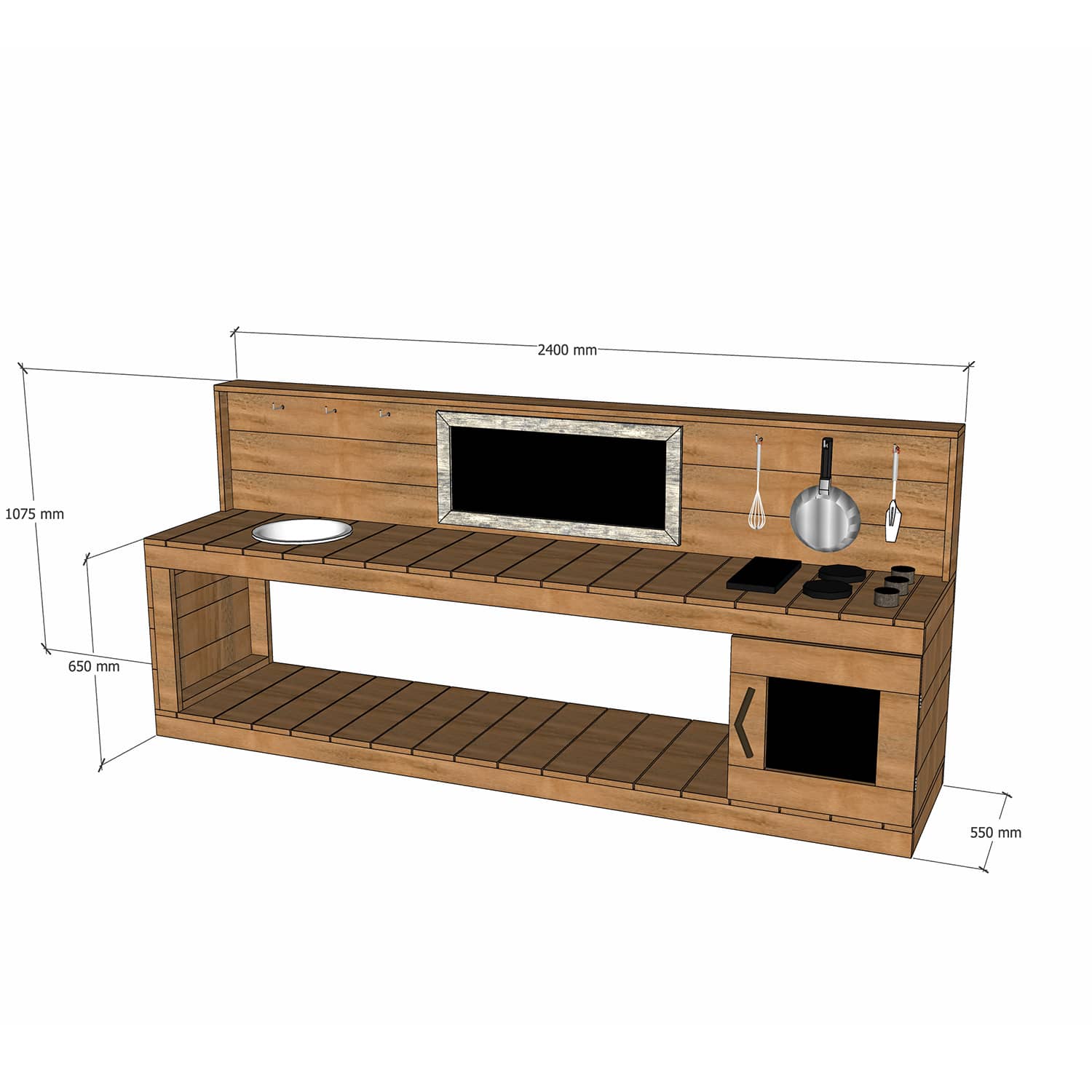 Thermory mud kitchen with oven 2400mm wide with half back and 650mm bench height