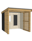Painted wooden shelter shed without floor plus blackboard and open front for high visibility