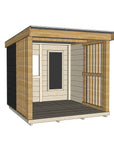 Painted wooden shelter shed with blackboard and open front for high visibility