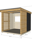 Painted open front timber shelter with dimensions