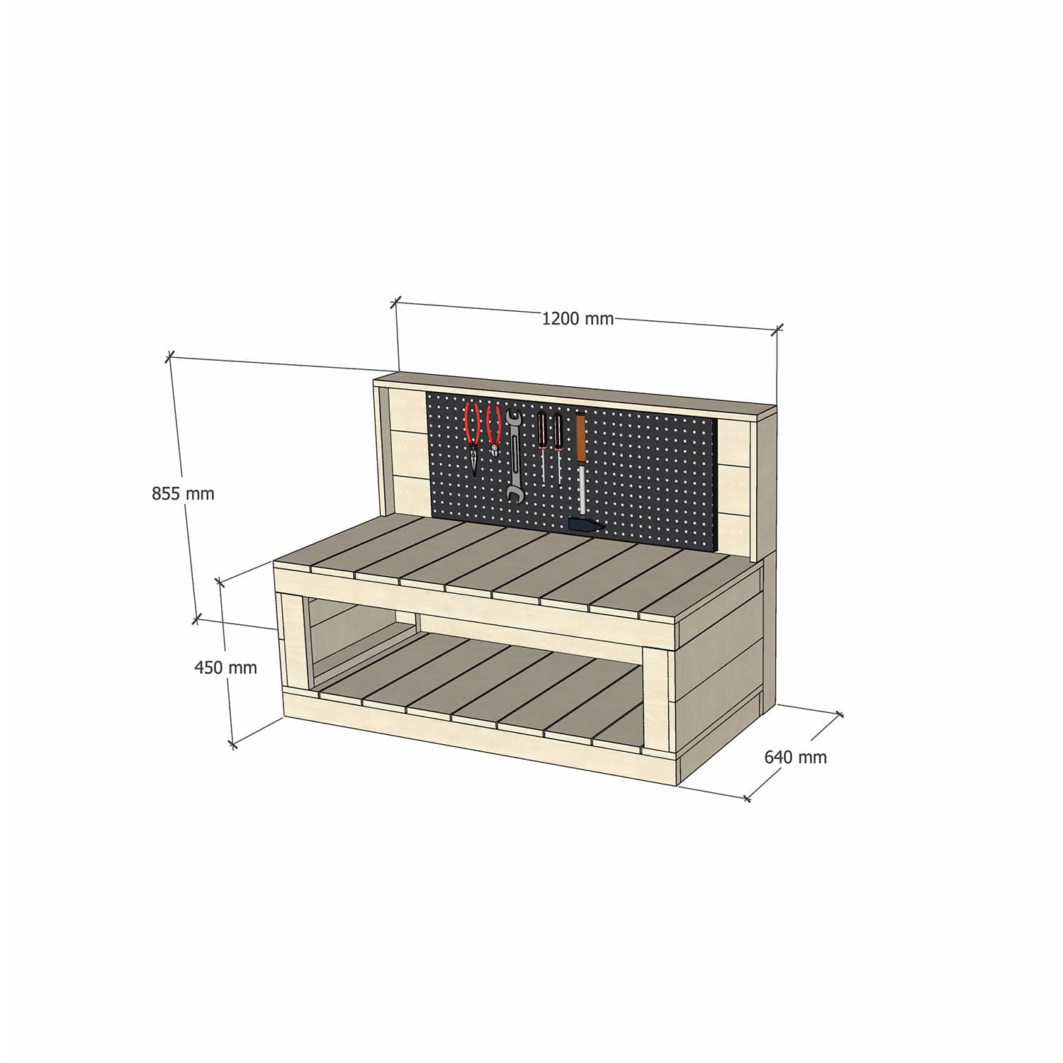 Pine Wooden 1200mm Kids Play Workbench Enclosed Back Pegboard 450 Bench Height