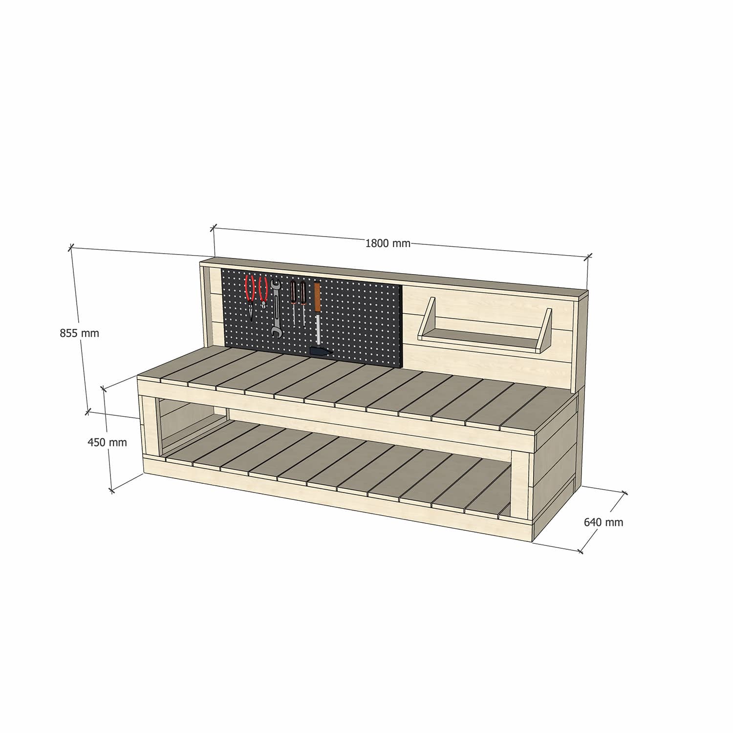 Pine Wooden 1800mm Kids Play Workbench Enclosed Back Pegboard 450 Bench Height