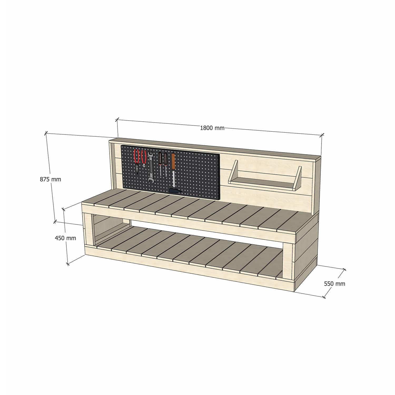 Pine Wooden 1800mm Kids Play Workbench Pegboard 450 Bench Height