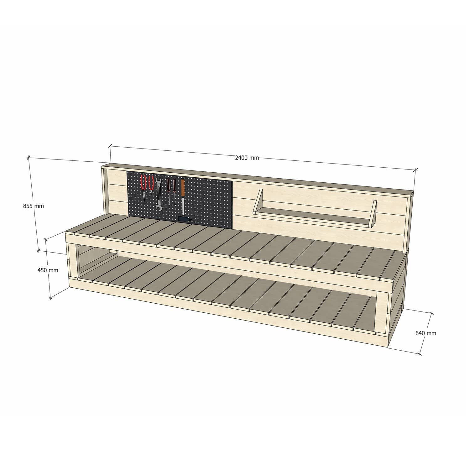 Pine Wooden 2400mm Kids Play Workbench Enclosed Back Pegboard 450 Bench Height