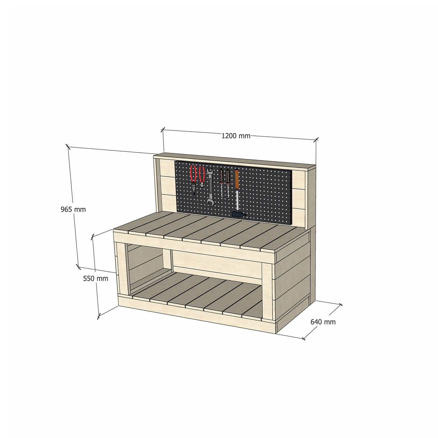 Pine Wooden 1200mm Kids Play Workbench Enclosed Back Pegboard 550 Bench Height