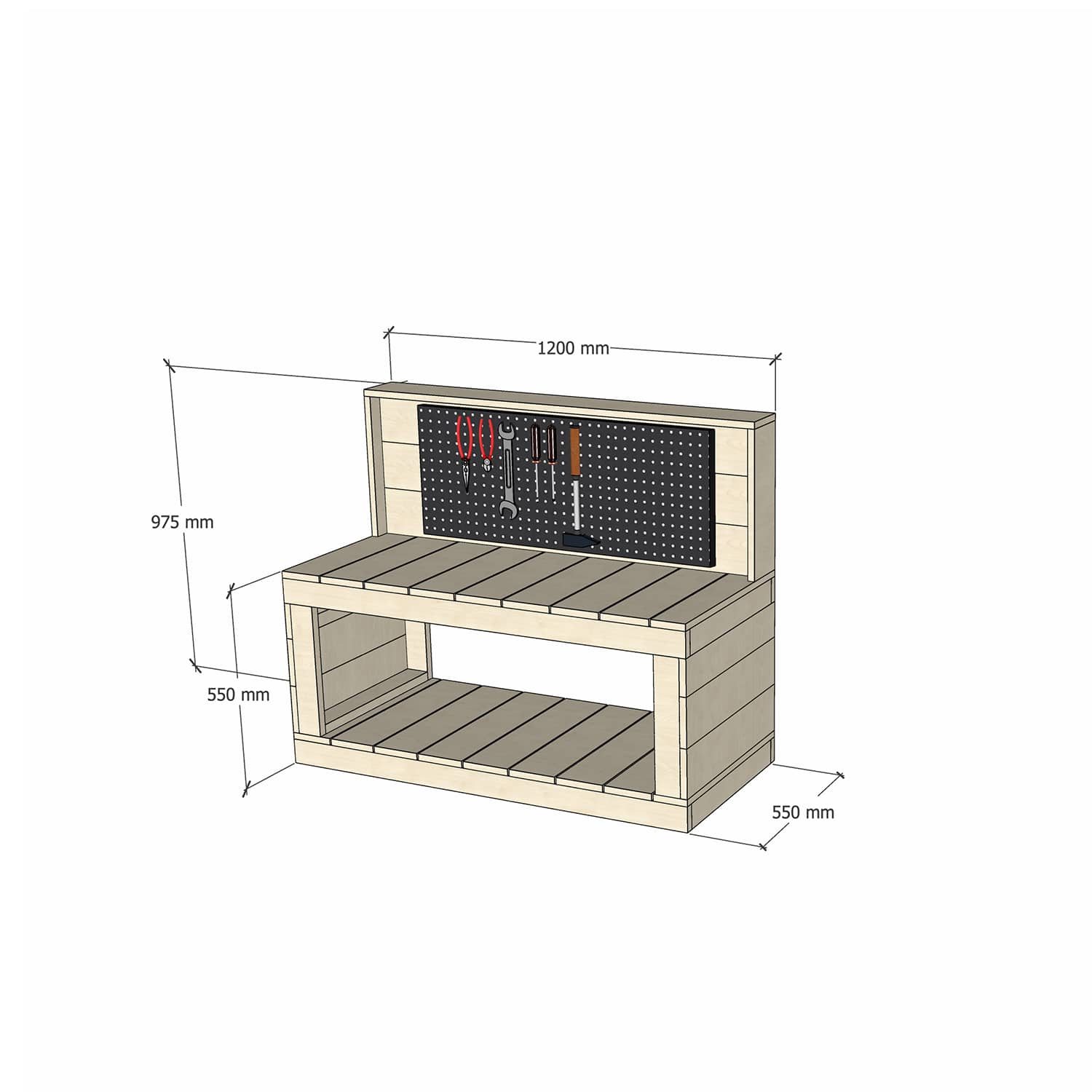 Pine Wooden 1200mm Kids Play Workbench Pegboard 550 Bench Height