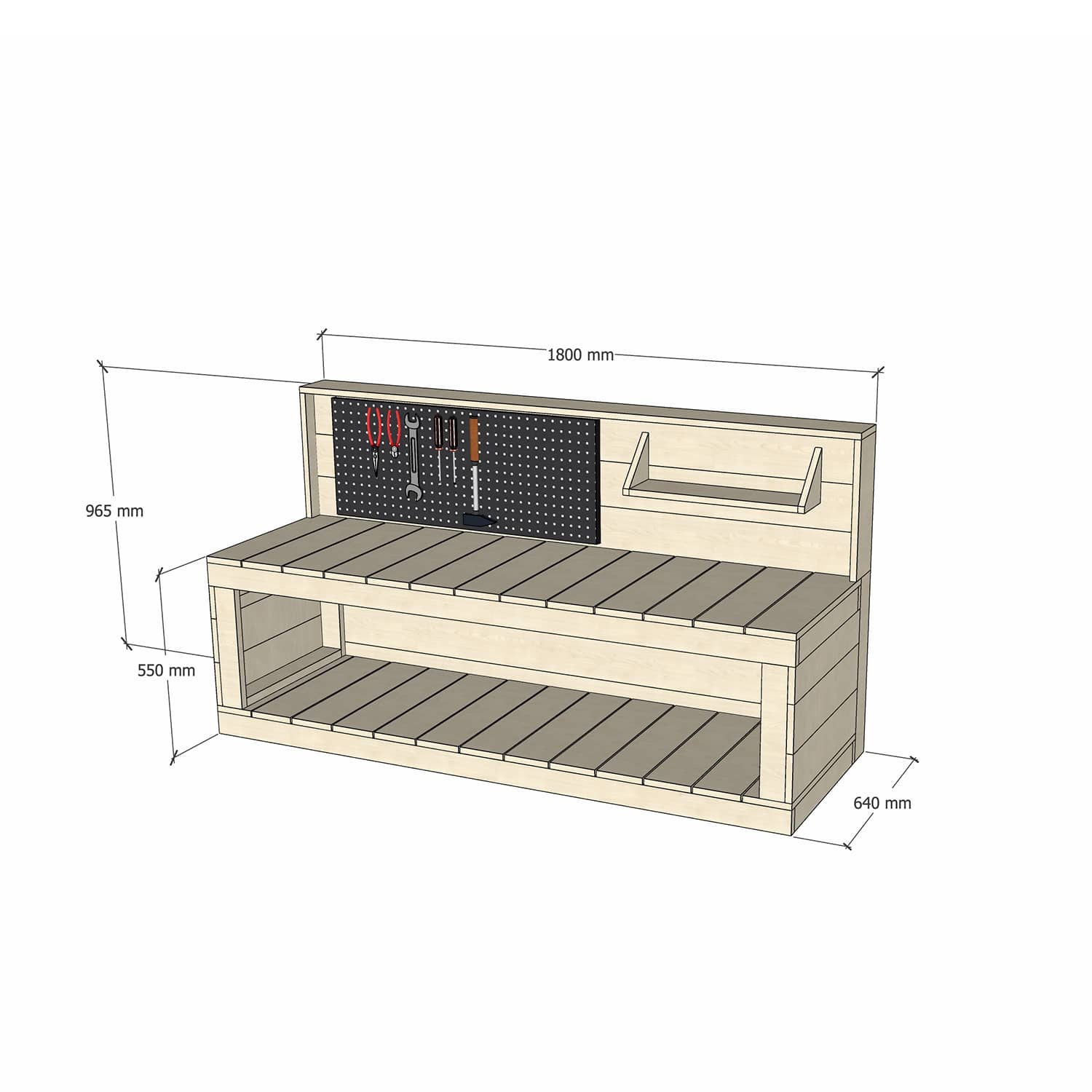 Pine Wooden 1800mm Kids Play Workbench Enclosed Back Pegboard 550 Bench Height