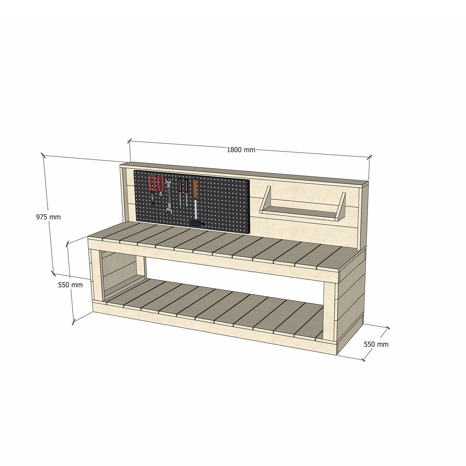 Pine Wooden 1800mm Kids Play Workbench Pegboard 550 Bench Height