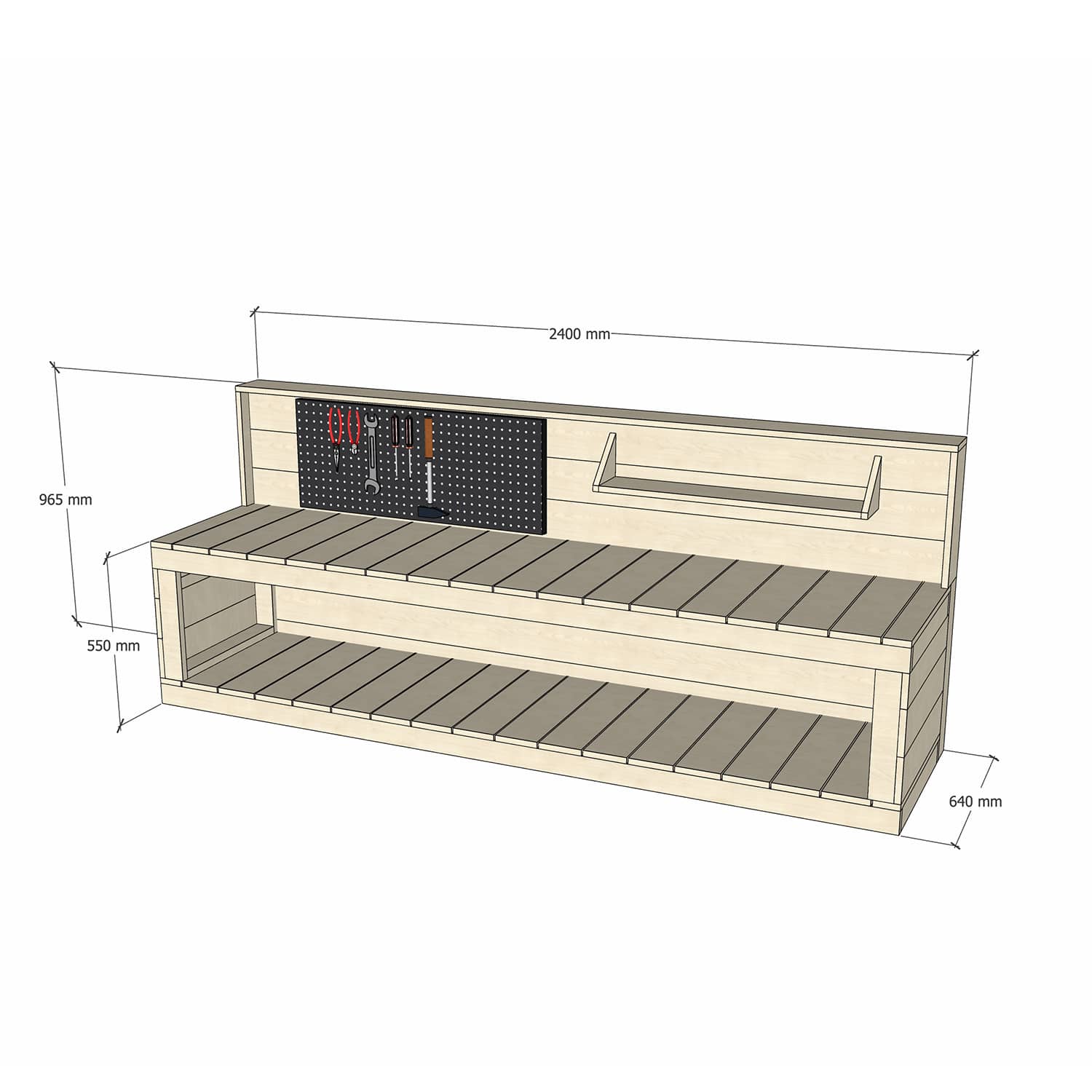 Pine Wooden 2400mm Kids Play Workbench Enclosed Back Pegboard 550 Bench Height
