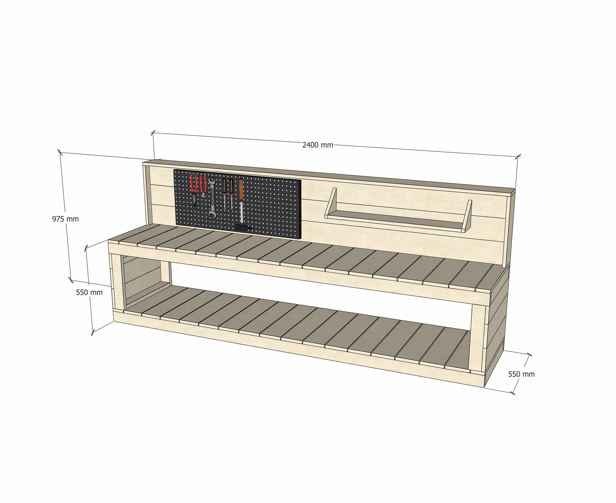 Pine Wooden 2400mm Kids Play Workbench Pegboard 550 Bench Height