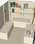 Internal View of Painted Pine Outdoor Potting Shed Extended Verandah Roof Bench Seat Storage Boxes