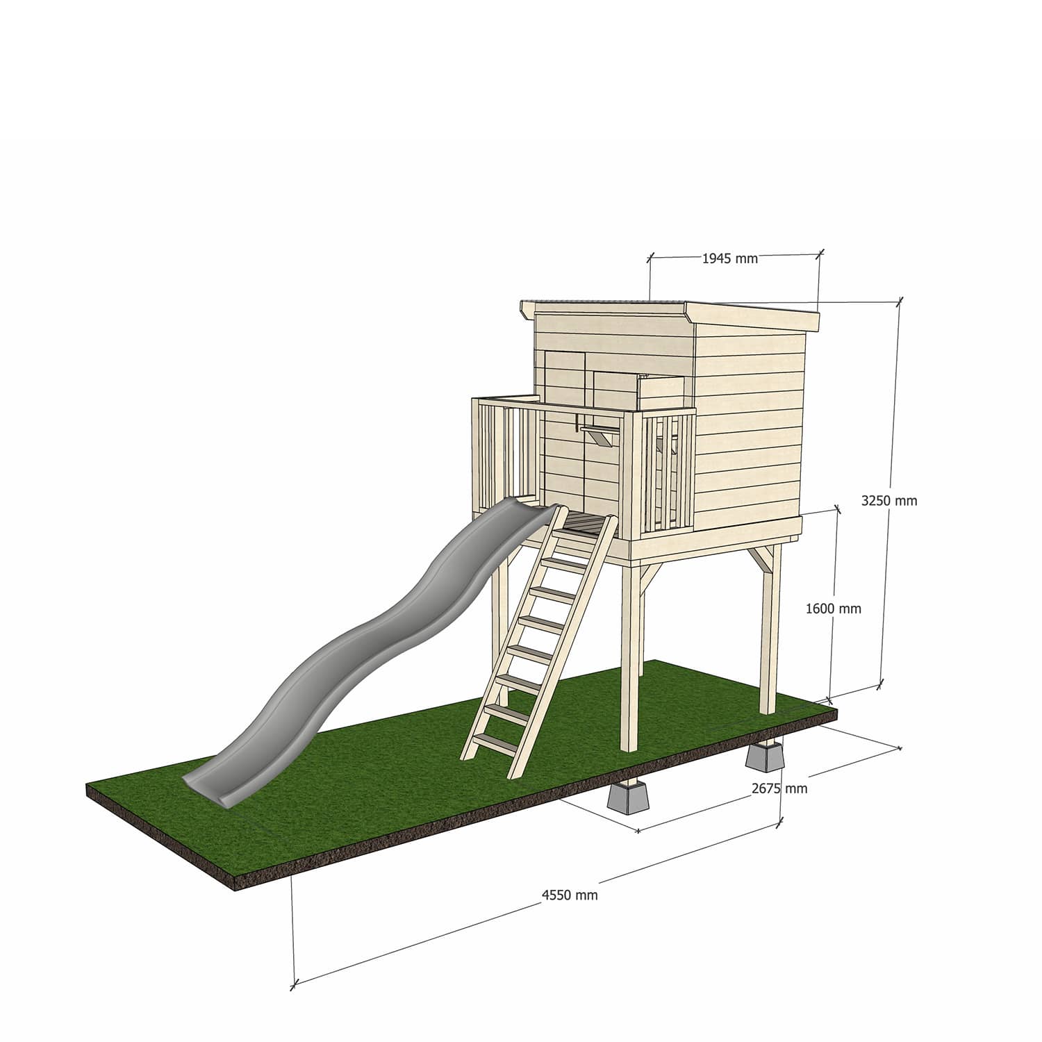 Natural timber platform with little rectangle treehouse slide and dimensions