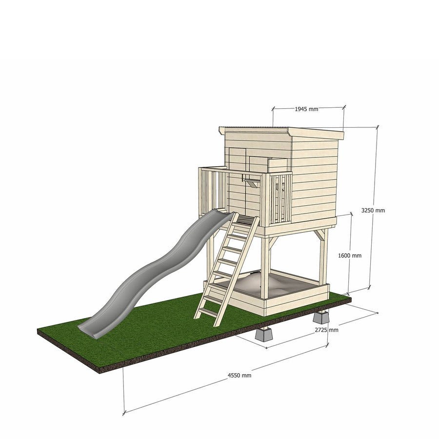 Natural timber platform with little rectangle treehouse slide and sandpit and dimensions