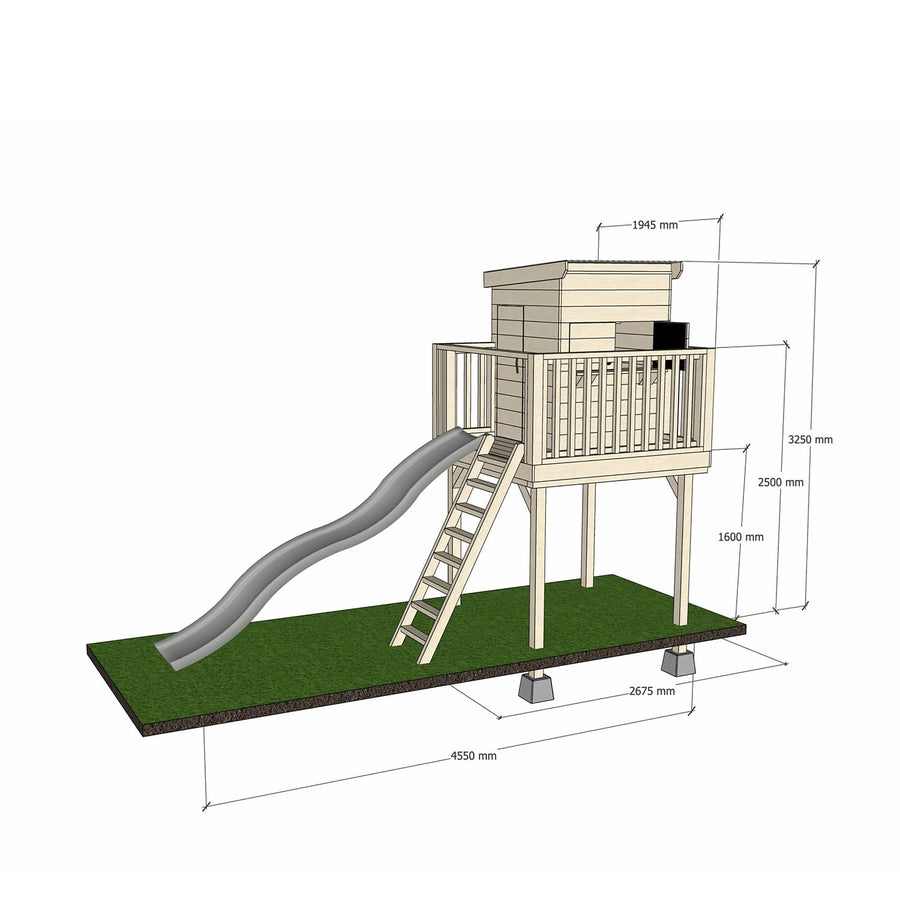 Natural timber platform with little square treehouse slide and dimensions