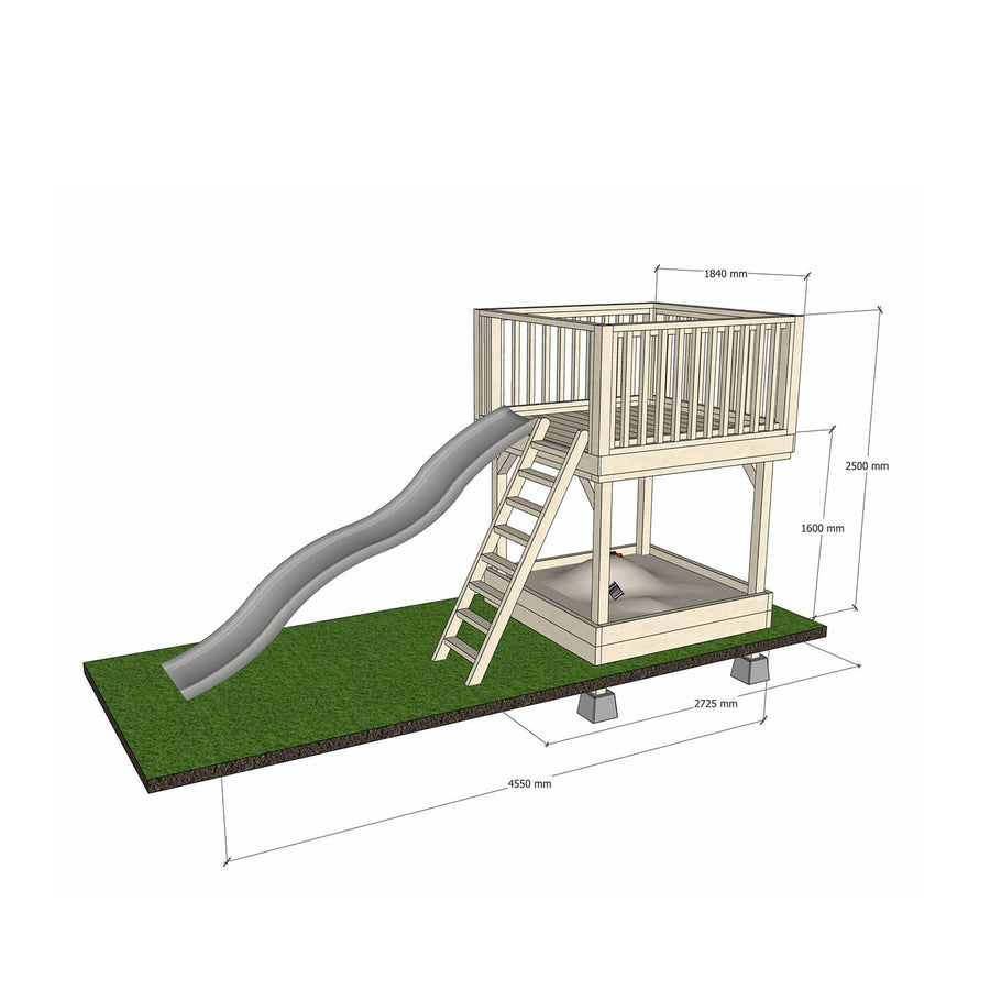 Wooden platform 1800 x 1800mm size with slide, sandpit, and dimensions