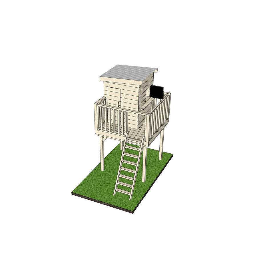 Wooden platform with little square treehouse and handrail