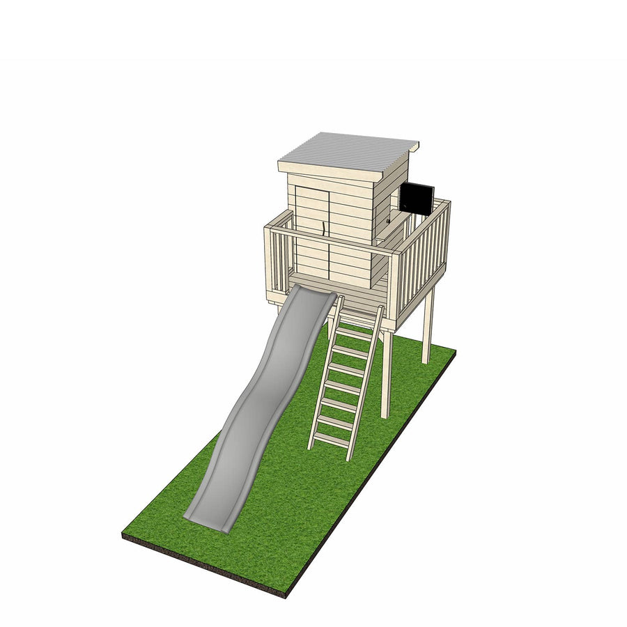 Wooden platform with little square treehouse and slide