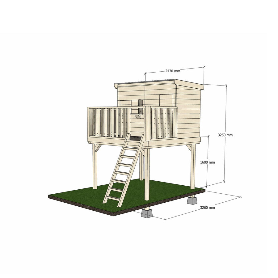 Natural timber platform with midi rectangle treehouse and dimensions