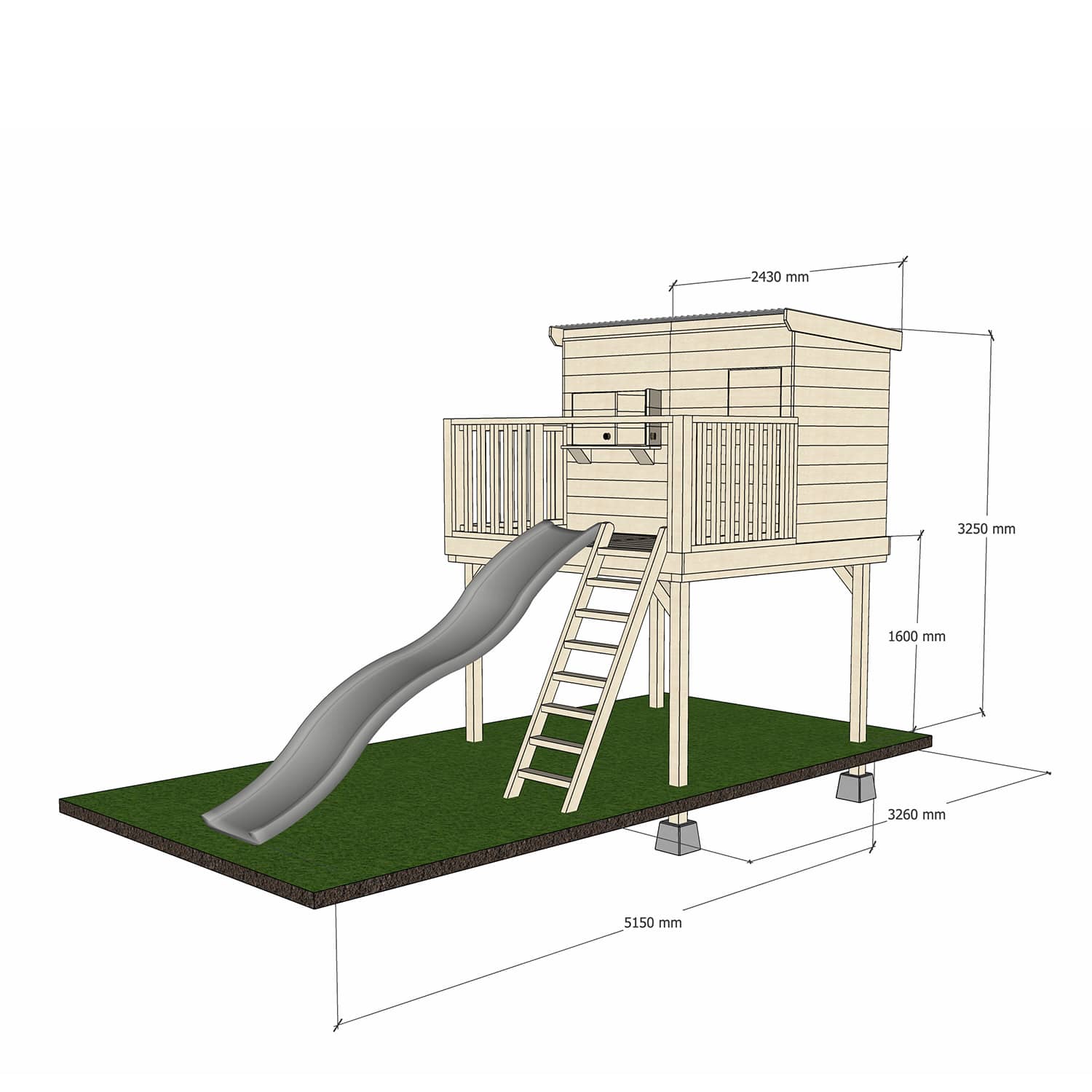 Natural timber platform with midi rectangle treehouse slide and dimensions