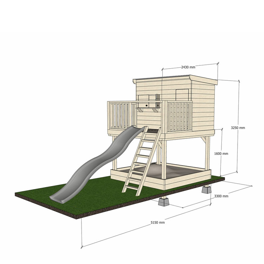Natural timber platform with midi rectangle treehouse slide and sandpit and dimensions