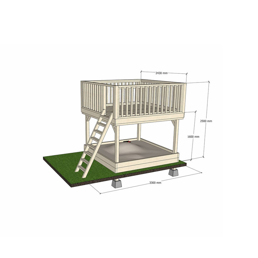 Wooden platform 2400 x 2400mm size with sandpit and dimensions